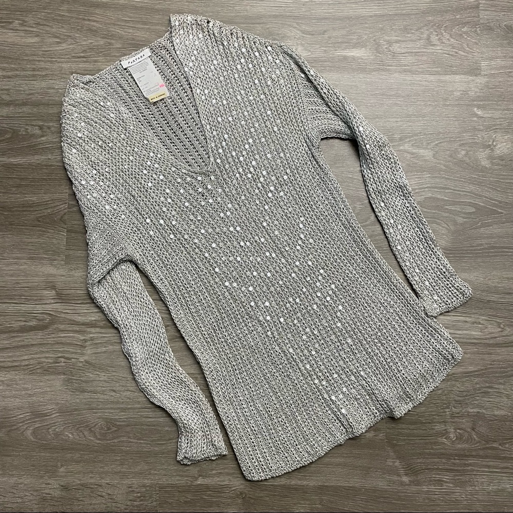Portara Silver-Gray Open-Weave V-Neck Tunic Length Sweater Size 8
